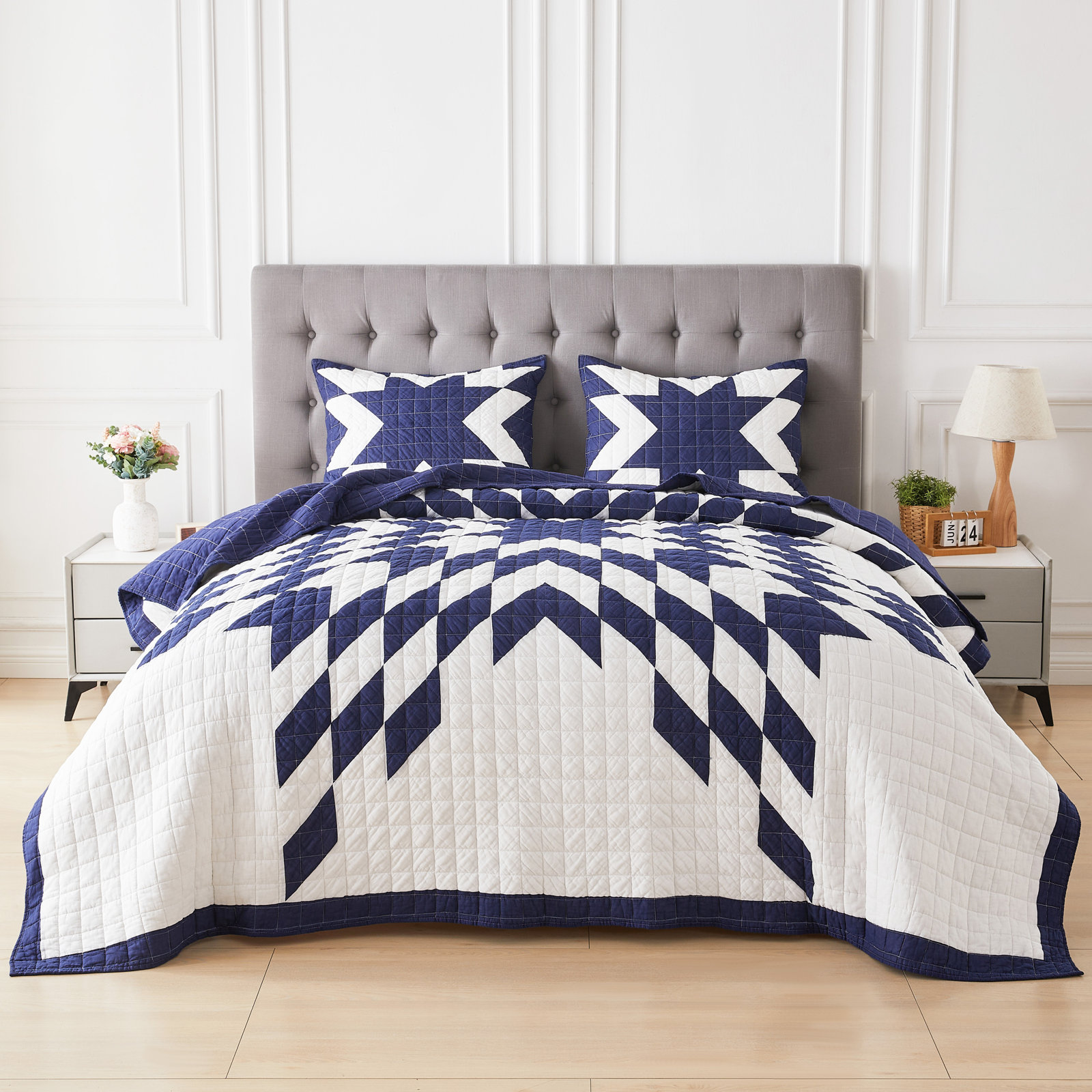 Cotton Quilt Set, Blue, Queen Quilt  + 2 Standard Shams