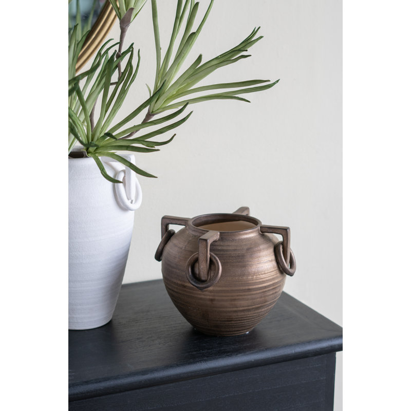8X8x7" Round Ceramic Vase With Bronze Reactive Glaze Finish And Sculptural Ring Handles