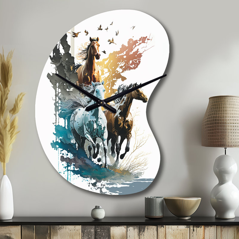 Three Horse Stampede - Horloge murale asymétrique en métal, impression d'horloge murale de forme unique, Petit