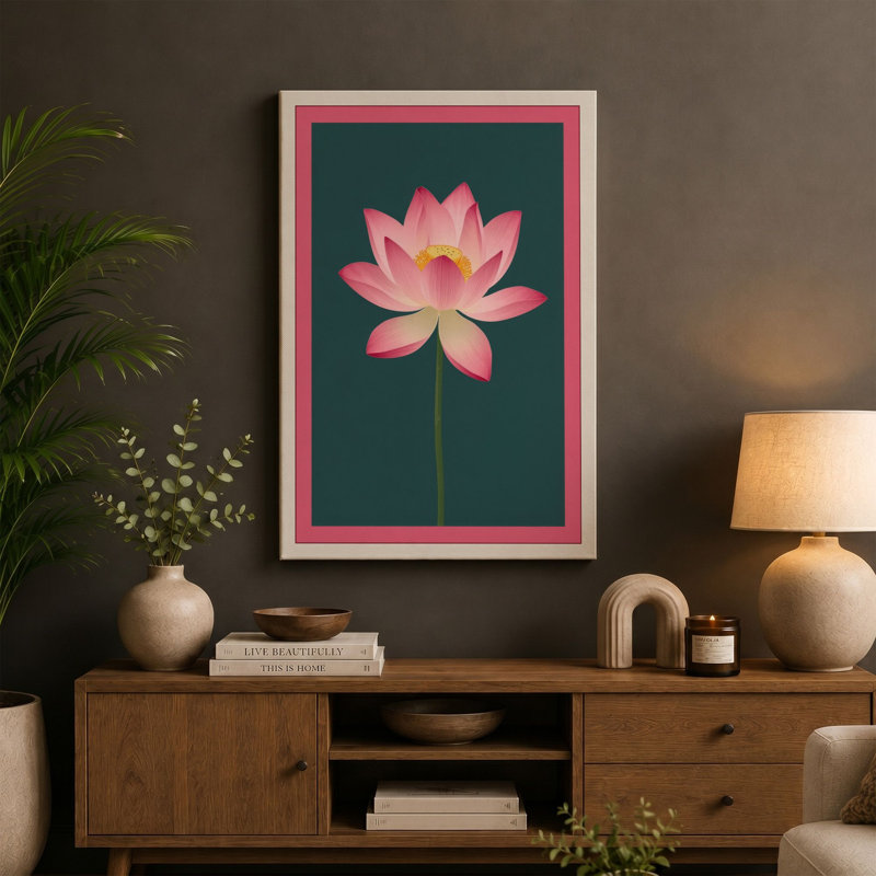 Lotus Bloom Botanical - Wrapped Canvas, 24x16 - 61.0 x 40.6 cm, Taupe Border
