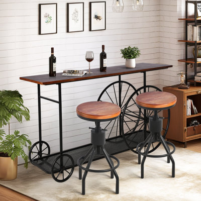 Ensemble de console 3 pi 59,1 po avec 2 tabourets de bar, table d'entrée industrielle à 2 niveaux avec roulettes, canapé d'entrée étroit avec tablettes, couloir, salon, vestibule, couloir, bureau, brun rustique et noir