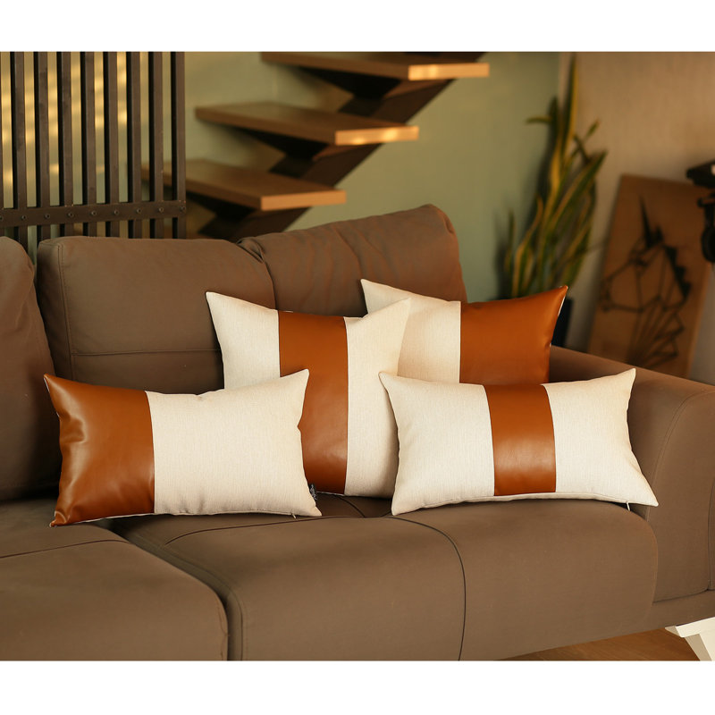 Set Of 2 Porcelain White And Center Caramel Brown Faux Leather Pillow Covers Set Of 2 Porcelain White And Center Caramel Brown Faux Leather Pillow Covers