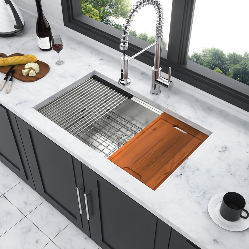 Évier de cuisine en acier inoxydable 32 po x 19 po x 10 po - calibre 304, facile à nettoyer, avec bonde et gabarit calibre 16, cuve profonde, surface lisse incluse
