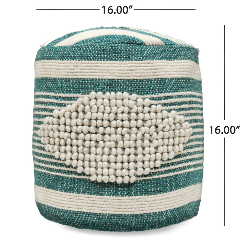 Pouf cylindrique blanc et bleu sarcelle fait à la main, en laine et en coton, 16 po x 16 po, capacité de 250 lb, nettoyage des taches, tissu de coton entièrement assemblé