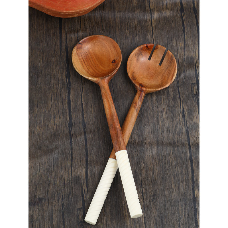 Ensemble à salade en résine et bois, Blanc