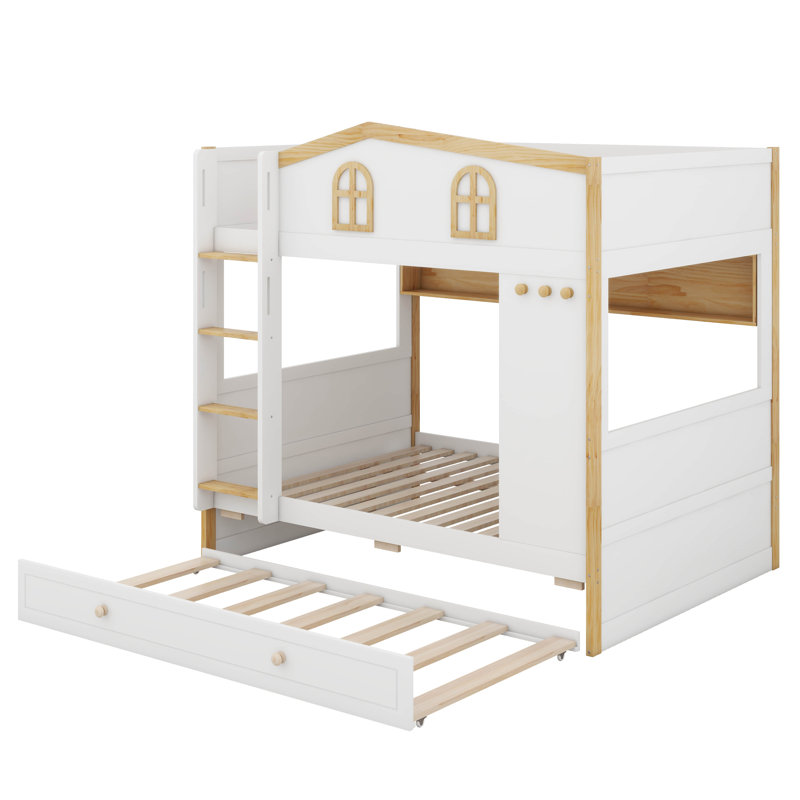 Lit superposé avec garde-corps en forme de maison et lit gigogne, lit superposé en bois avec tablettes de rangement