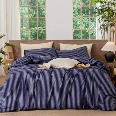 Ensemble de housse de couette à rayures 100% coton lavé MooMee