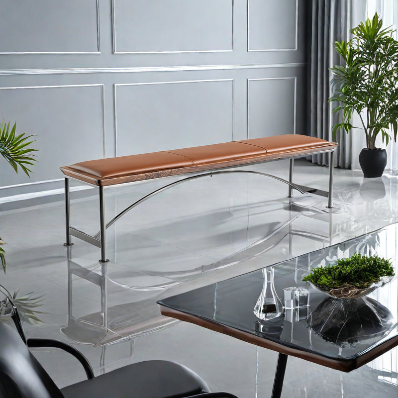 Banc rembourré en similicuir noyer noir et fer forgé, H 15,74 po x l 86,61 po x P 14,96 po