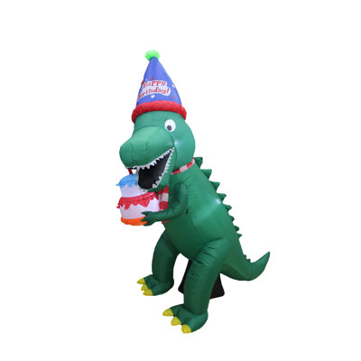 7 Foot Tall Happy Birthday Inflatable Green Dinosaur with Cake Candle and Party Hat Built In LED Lights Indoor / Outdoor Blow Up Yard Decoration