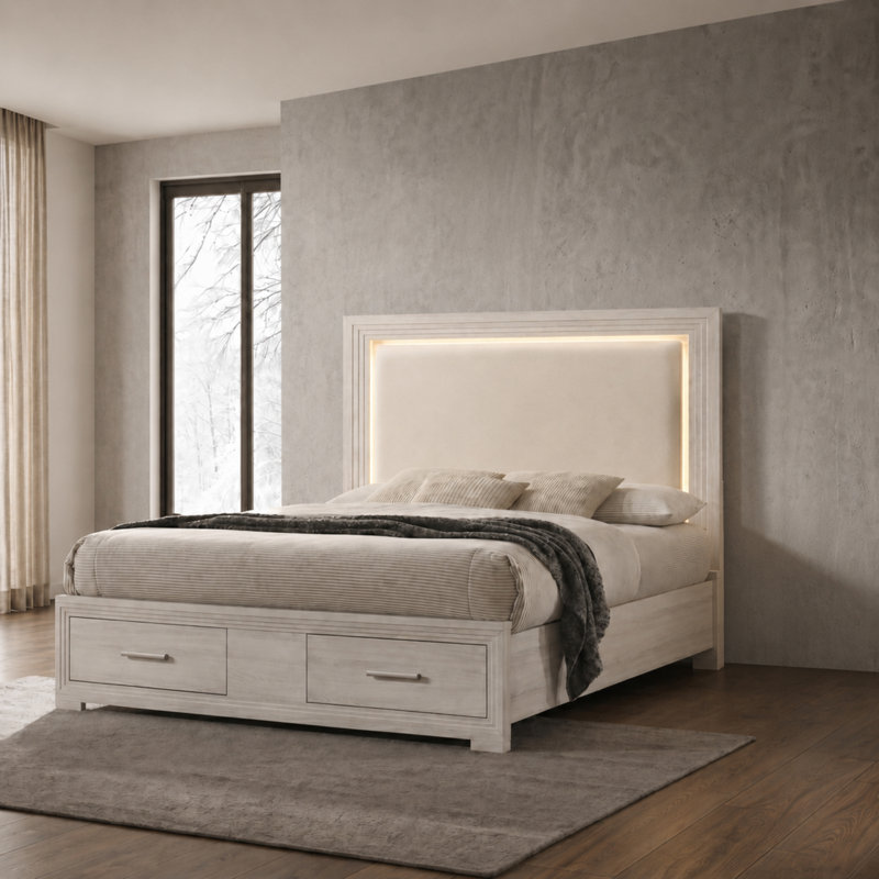 Liora Upholstered Platform Bedroom Set with LED Headboard, Footboard Storage, and Case Pieces, Queen, Rustic Natural