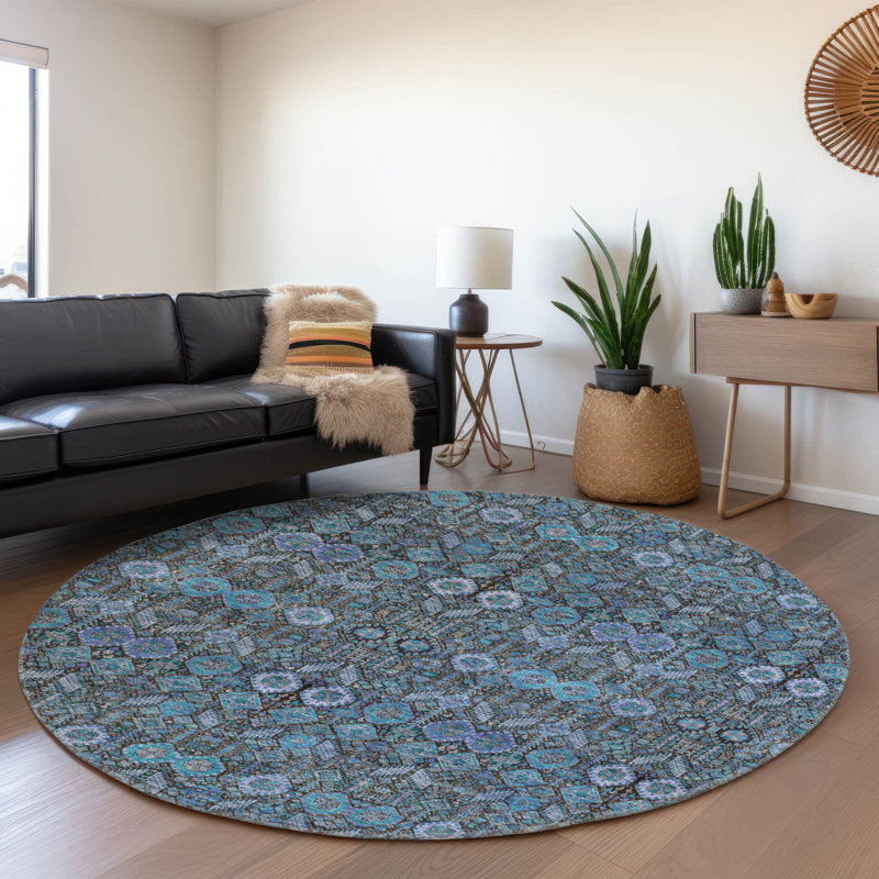 Premium Machine Washable Cerrito AMF574 Teal Rug, Round 8'