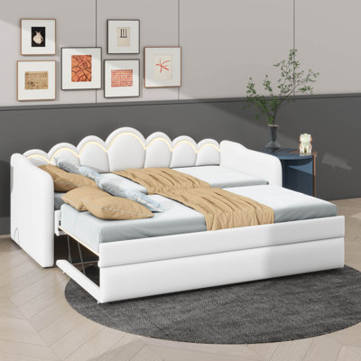 Twin XL Size Cushioned Daybed With Trundle And LED Light, Trundle Adjustable To Horizontal Or Vertical Position
