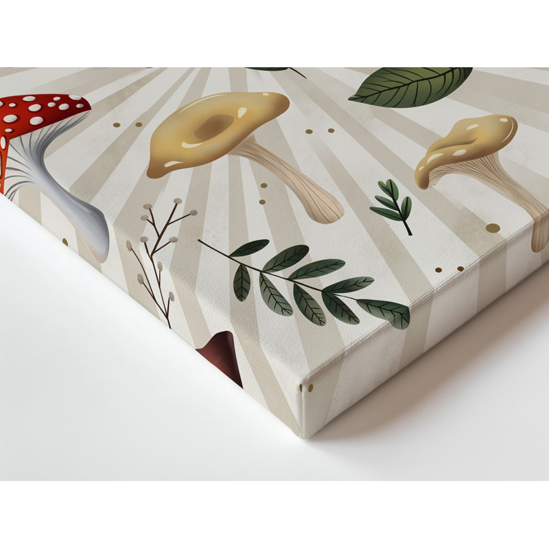 Toile, un motif fantaisiste qui se déploie avec un éventail de champignons et d'art mural, feuilles d'automne sur un fond crème doux