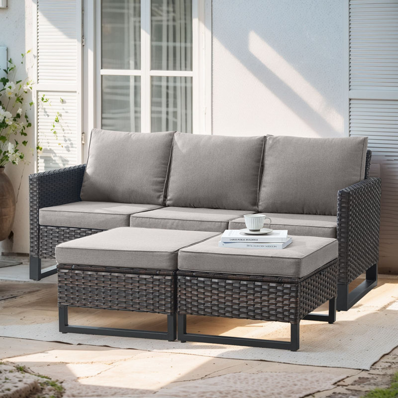 Naresa 3-Piece Outdoor Wicker Sofa Set  3-Seat Rattan Sofa & Ottomans Set, Gray