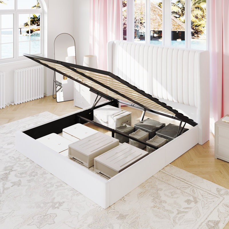 Velvet Hydraulic Lift Up Storage Upholstered Platform Bed With Wooden Slats And Vertical Stripes Wingback Headboard, White