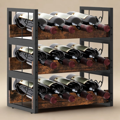 Small Wine Rack Countertop Three Tier Wine Holder Stackable Bottle Storage Freestanding for Kitchen Bar, Antique Brown