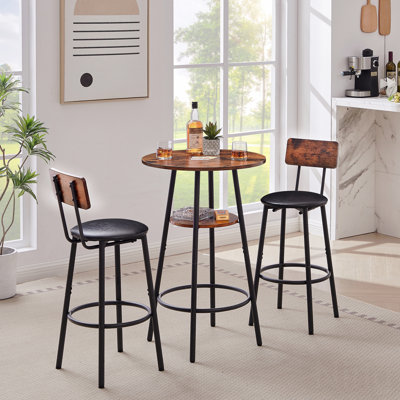 3-Piece Bar Table Set for 2, 2-Tier Round Bistro Dining Table & PU Stools, Counter Height Table