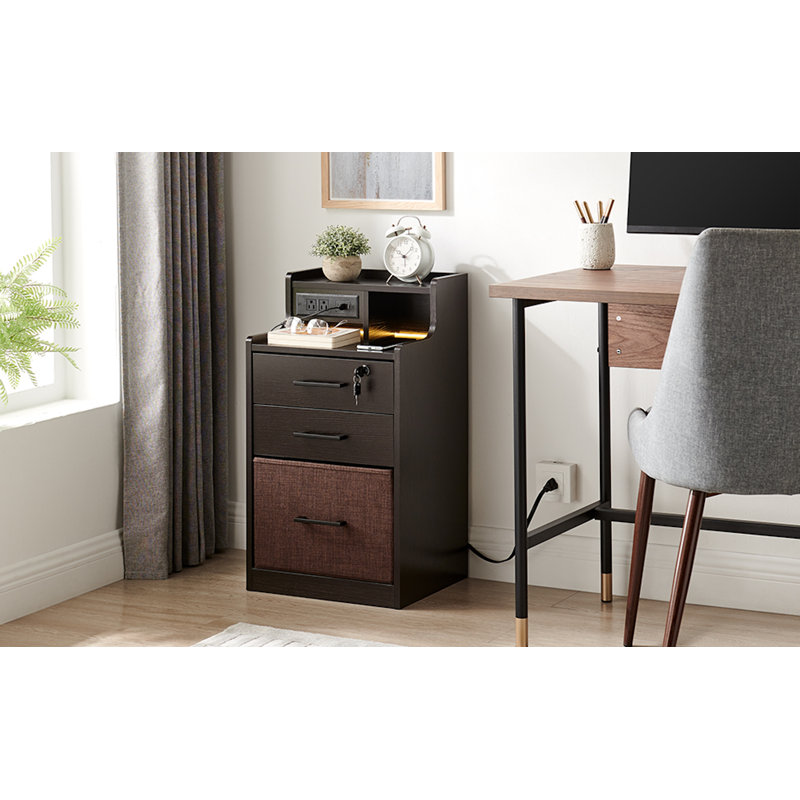 Wrought Studio™ 2 Drawer LED Nightstand, Night Stand With Fast Charging, 3 USB Ports And 2 Power Outlets, Bedside Table With Open Shelf, 29 Inch Nightstand With Lock For Bedroom, Espresso Color