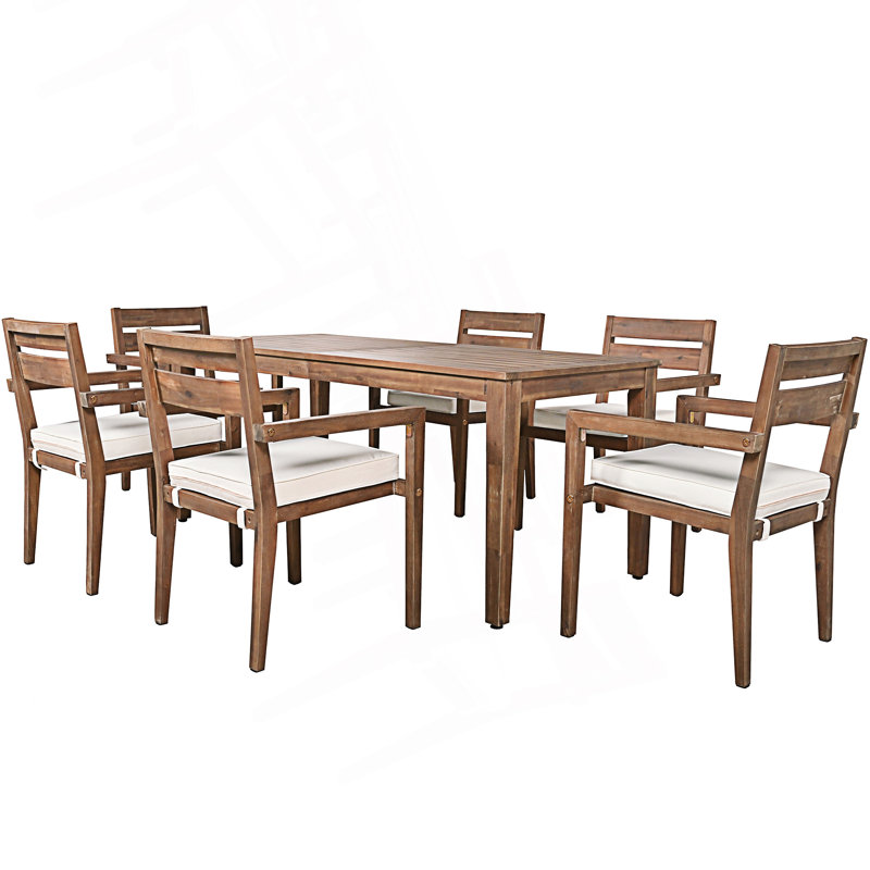 Ensemble repas d'extérieur 7 pièces avec coussins, 6 chaises modernes et 1 grande table, Bois robuste