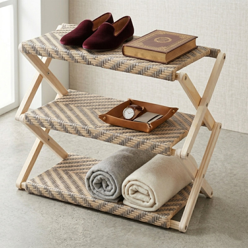 Étagère à chaussures pliante en osier 3 niveaux 9 paires Turin, Motif à losanges
