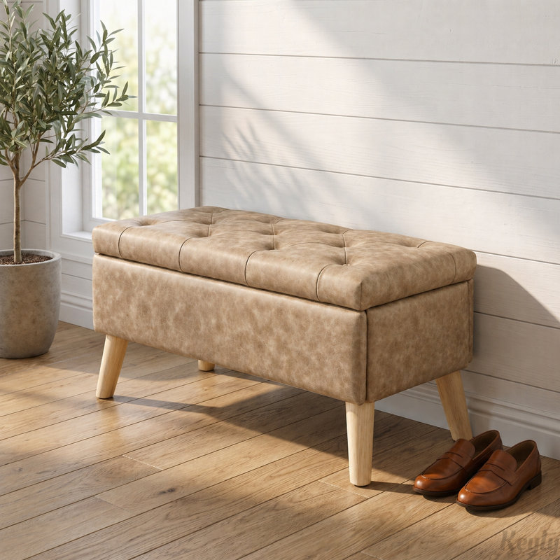 Banc de rangement avec repose-pieds 32 po avec mousse haute densité et structure robuste, Faux Leather, Brown