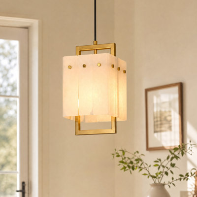 1-Light Natural Alabaster Pendant Light with Brushed Gold Finish