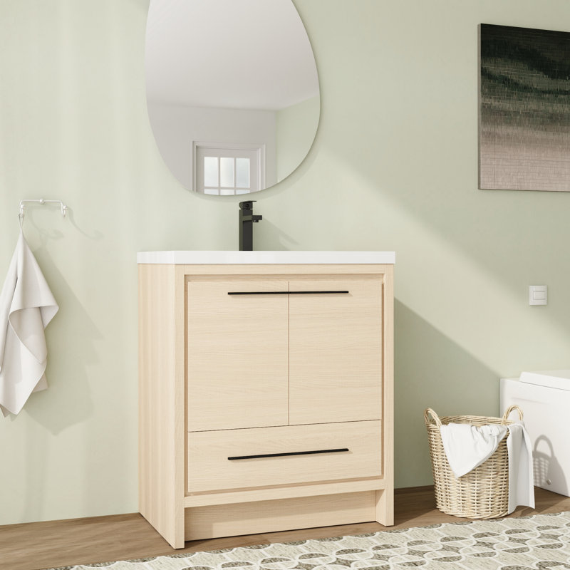 Meuble-lavabo simple autoportant de 30 po avec plateau en résine et portes et tiroir à fermeture en douceur, 30"