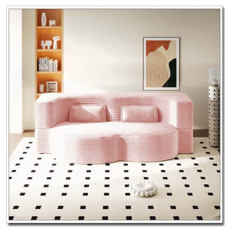 Canapé moderne avec 2 coussins, Velours côtelé, Rose pastel