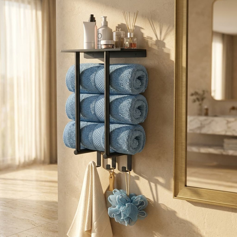 Porte-serviettes mural de salle de bain en acier inoxydable noir avec 3 crochets, peut contenir 3 grandes serviettes de bain