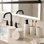 Ensemble d'accessoires de salle de bain, aspect pierre de travertin, ensemble d'accessoires de salle de bain 6 pièces avec distributeur de savon, porte-brosse à dents, verre, plateau de coiffeuse, pots en coton-tige pour comptoir (blanc cassé 6 pièces)