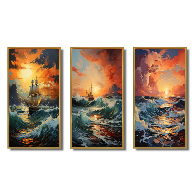 «Orange Teal Boat Energetic Storm», 3 pièces sur toile, Encadrement doré, H 28 po x l 36 po
