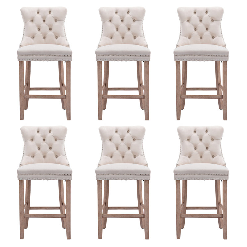 Velvet Upholstered Bar Stool With Button Tufted Back (Set Of 6), Beige Seat/Brown Frame