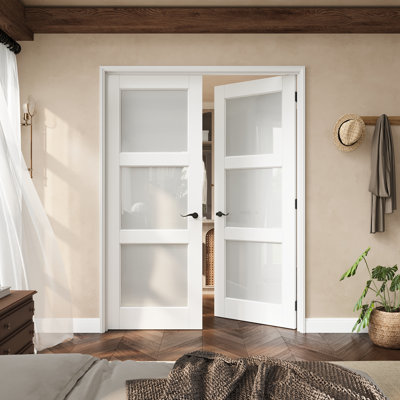 Porte française en verre givré 3-Lite de 60 po x 80 po avec loquets noirs, porte d'intimité en verre avec cadre, porte intérieure française comme porte de garde-manger, porte de chambre à coucher, porte de buanderie, portes de placard, portes de chambre, loquet et levier de porte inclus