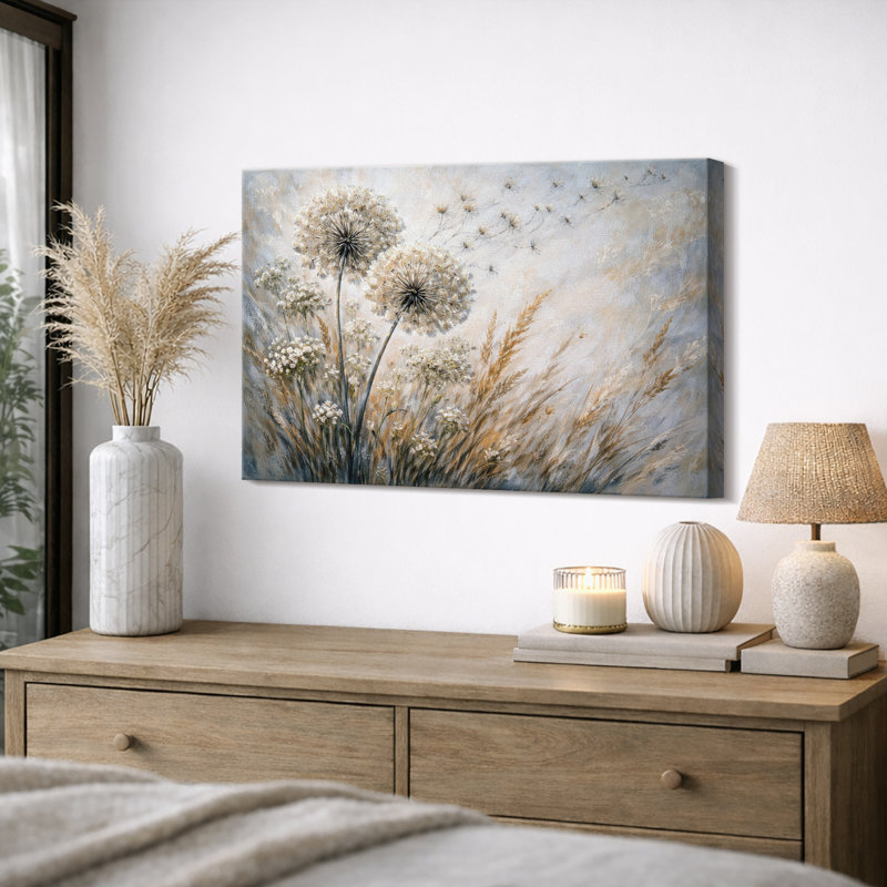 Œuvre botanique de fleurs de pissenlit, fleurs neutres de prairie neutre, impression sur toile encadrée, Toile tendue