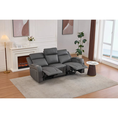 Canapé inclinable électrique trois places avec lumière DEL, porte-gobelet et espace de rangement.