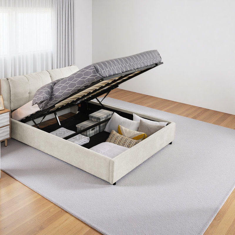 Lit plateforme tapissier avec rangement et tête de lit hydraulique en tissu chenille, Beige, Grand lit