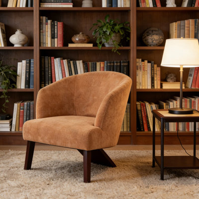Chaise d'appoint de style moderne avec dossier rond, pieds en bois et revêtement en tissu doux pour le salon, la chambre à coucher