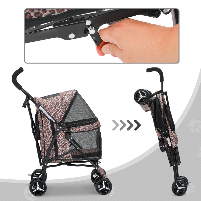 Leopard Print Steel Frame Dog Stroller with Mesh Windows