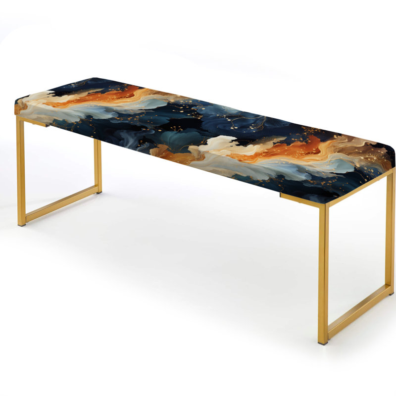 Marble Upholstered Gold Bench, Orange And Teal Astral Marble Dreams