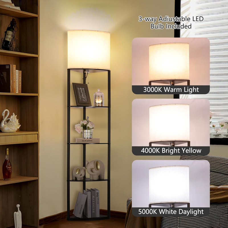 Floor Lamp With Shelves Sector Corner Shelf Lamp With 3 Colour Temperature Bulb With Linen Lampshade Bookshelf Corner Display Lamp(Black)
