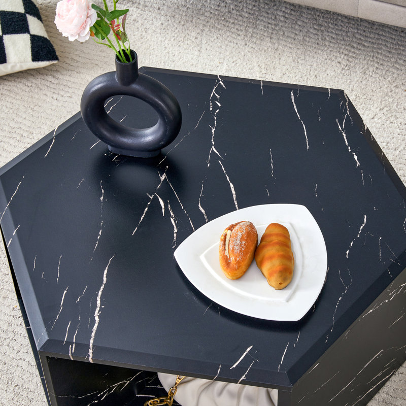 Hexagonal MDF Coffee Table, Characteristic Pattern Stickers, Multi-Hole Design To Give More Storage Space