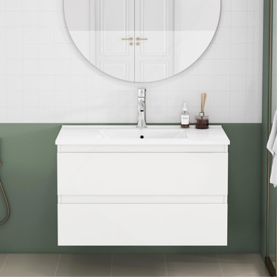 Ensemble de meuble-lavabo avec lavabo 31,5 po, armoire avec 2 grands tiroirs, système de fermeture en douceur, 2 grands tiroirs, conception sans poignée, assemblage facile, blanc brillant