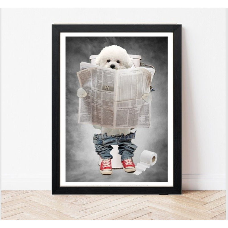Bichon Frise On Toilet Print - Funny Dog On Loo Picture - Bathroom Wall Art