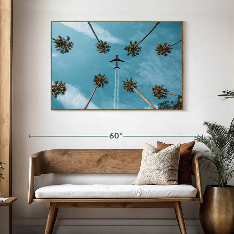 Avion au-dessus de palmiers, Cadre flottant en bois naturel, 46 po x 31 po