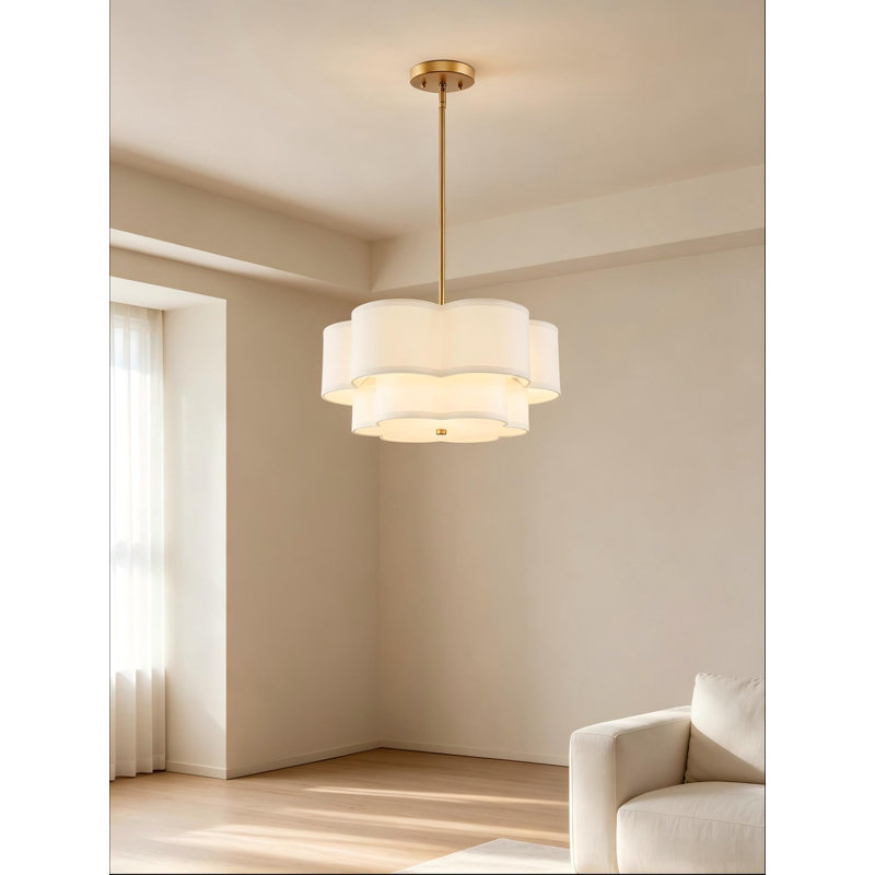 Lustre tambour en tissu doré de 45,7 cm (18 po), luminaire de salle à manger à 3 lumières, abat-jour double couche en tissu blanc à 6 pétales en forme de fleur, hauteur réglable, compatible avec les sols plats et inclinés, certifié ETL