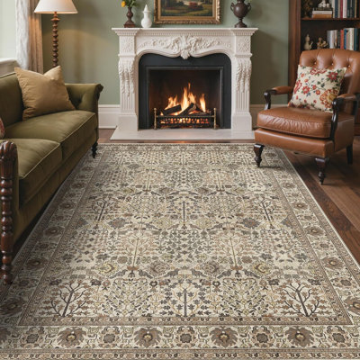 Oriental Neutral Vintage Machine Washable Non-Slip Beige Indoor Area Rug