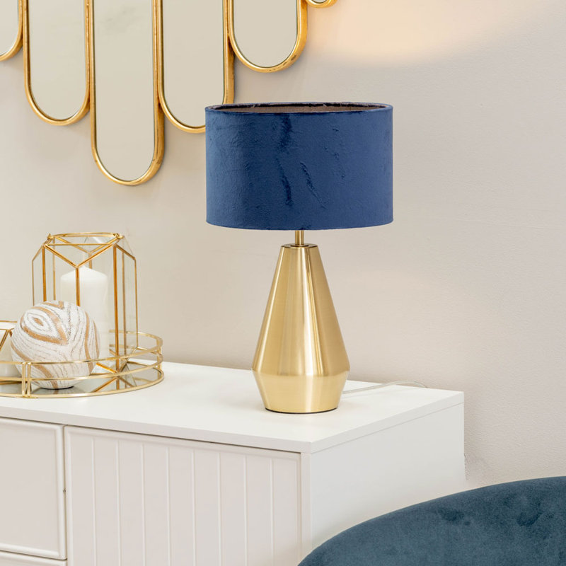 Jax Metal Dimmable Touch Table Lamp with Velvet Drum Shade with LED Bulb, Navy Blue, Gold