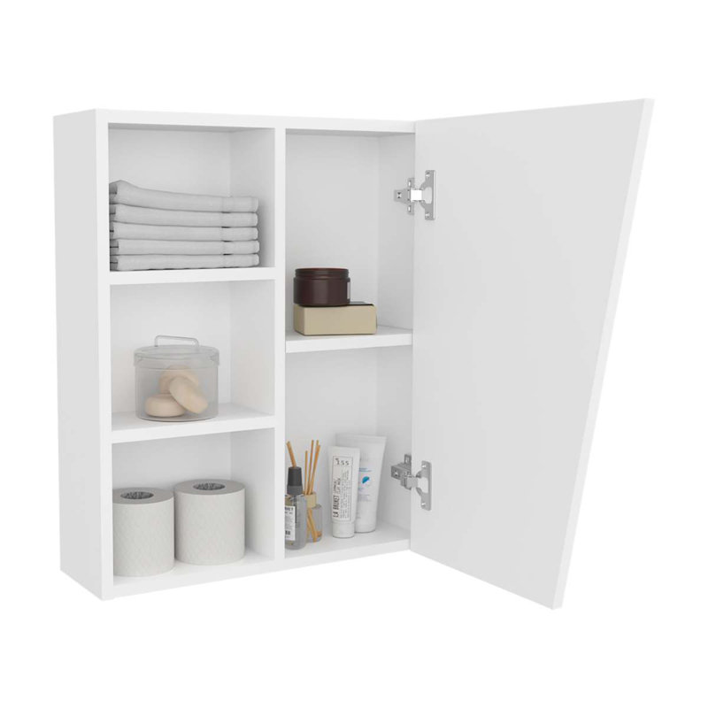 Armoire à pharmacie blanche avec porte en miroir et rangement ouvert