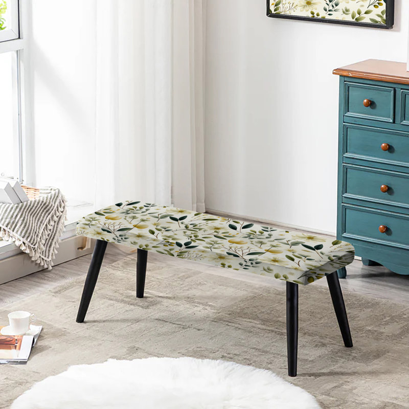 Upholstered Black Bench, Botanical Neutrals Boho Pattern II