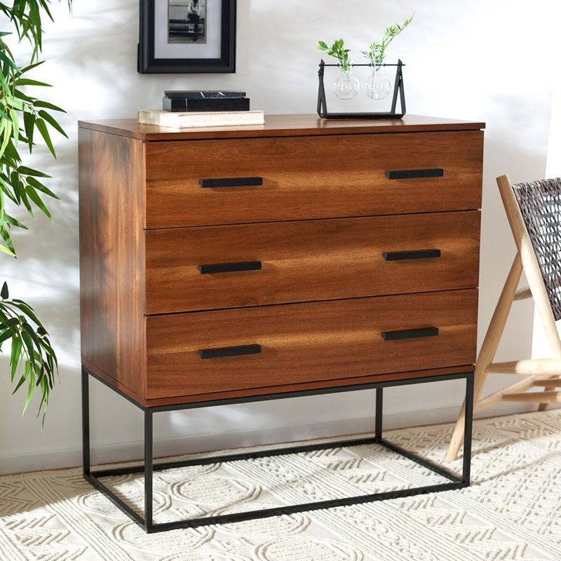 Élégante table de chevet brune en bois brun avec 3 tiroirs - Commode verticale élégante pour la décoration de chambre à coucher moderne